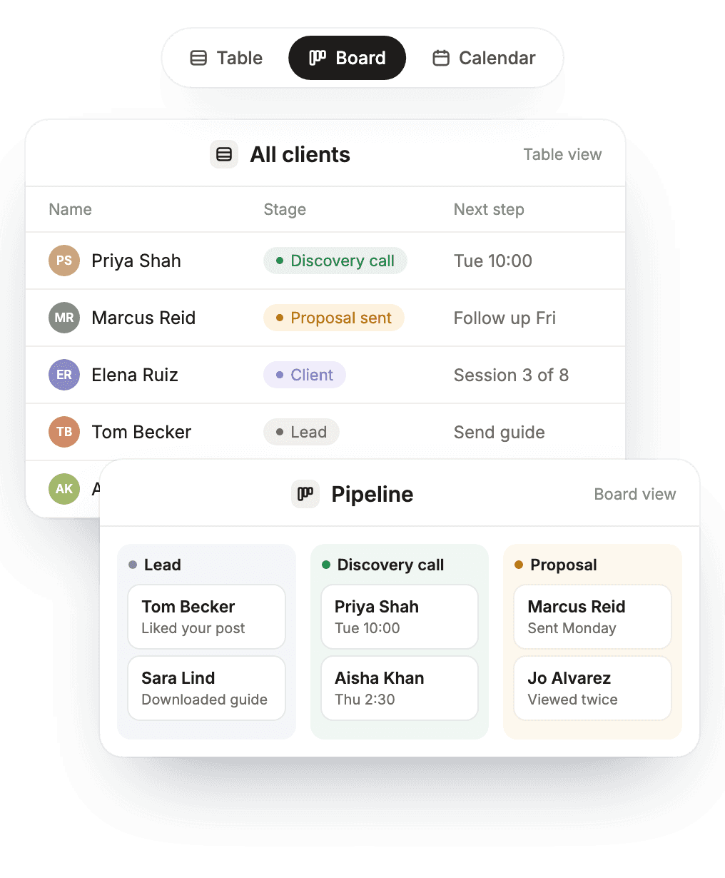 A CRM shown as a table and as a board